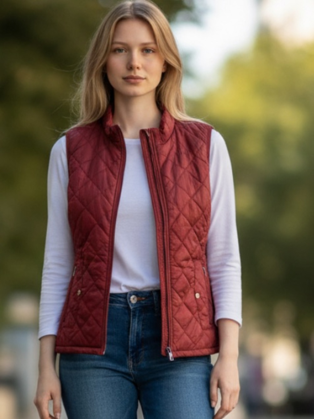 Quilted Sleeveless Puffer Vest in Burgundy